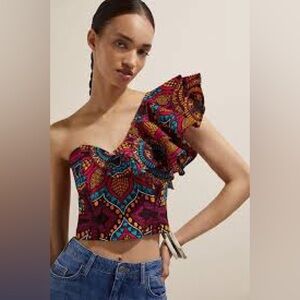 Anthropologie One-Shoulder Ruffled Crop Top in Magenta, Teal, Yellow